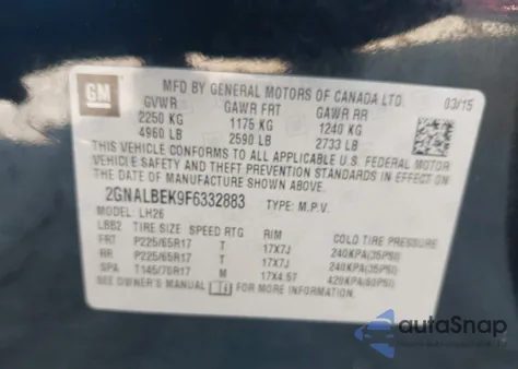 2015 Chevrolet Equinox 1Lt z USA, uszkodzony, nr VIN 2GNALBEK9F6332883